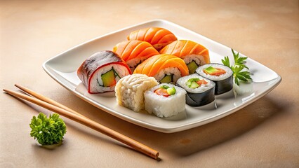 Delicately arranged sushi rolls and sashimi slices surround a pair of traditional wooden chopsticks on a minimalistic white ceramic plate against a soft beige background.