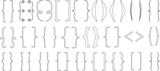Bracket, braces symbols in various styles. brackets vector elements for design, programming, and text formatting. Perfect for creative projects, coding, and typographic decoration