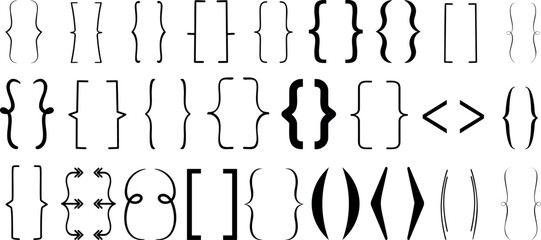 Bracket, braces, parenthes vector set, Diverse curly bracket styles for design, coding, and typography. Ideal  symbol for software, graphic design, and programming visuals
