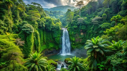 Dense Greenery, Vibrant Undergrowth, Cascading Waterfalls, And Towering Trees Define The Lush Ambiance Of A Tropical Rainforest.