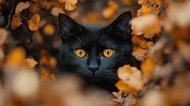Black cat with yellow eyes hiding in autumn leaves