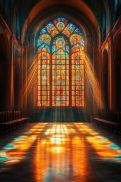Sun shining through stained glass window in church