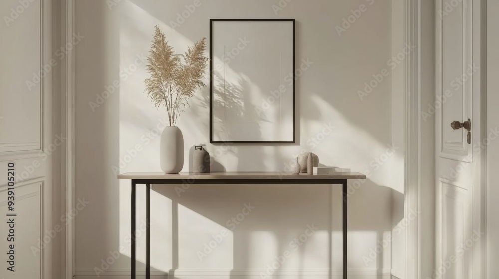 Poster detailed shot of a minimalist entryway with a sleek console table, a few decorative items, and a foc