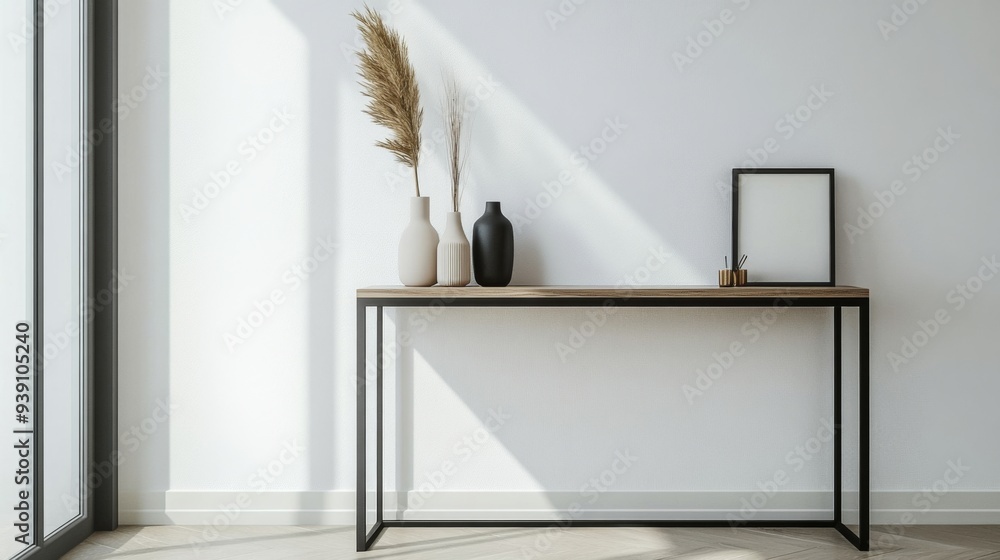 Poster detailed shot of a minimalist entryway with a sleek console table, a few decorative items, and a foc