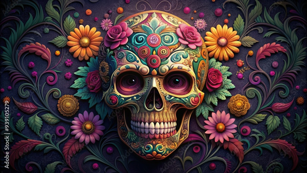 Poster detailed illustration of a sugar skull adorned with vibrant floral patterns and intricate swirls, se