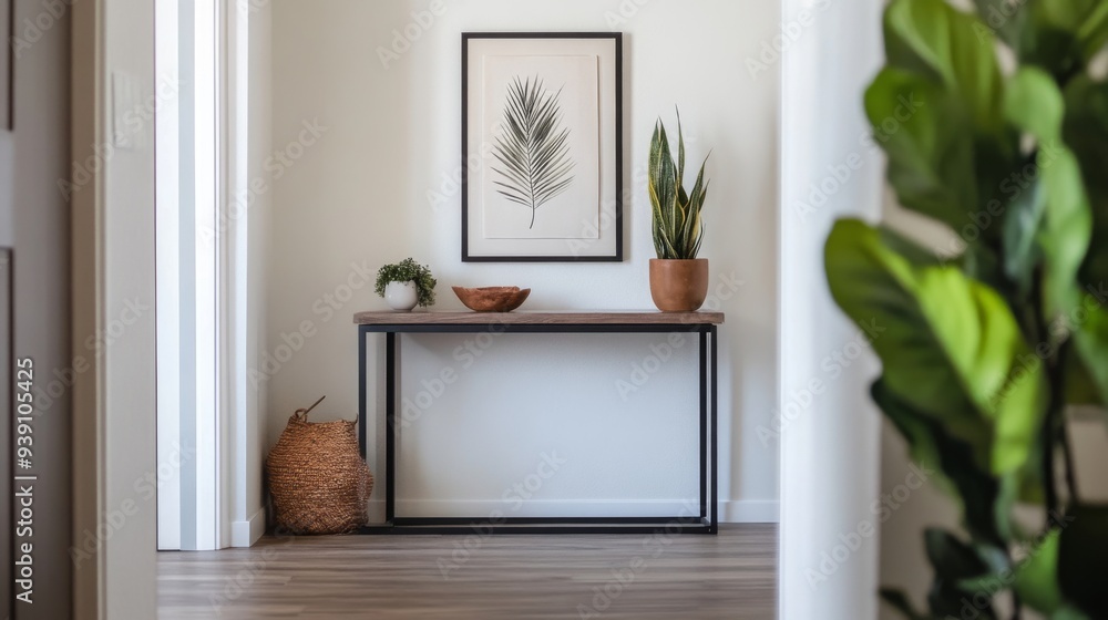 Poster Detailed shot of a minimalist entryway with a sleek console table, a few decorative items, and a focus on clean lines and simplicity