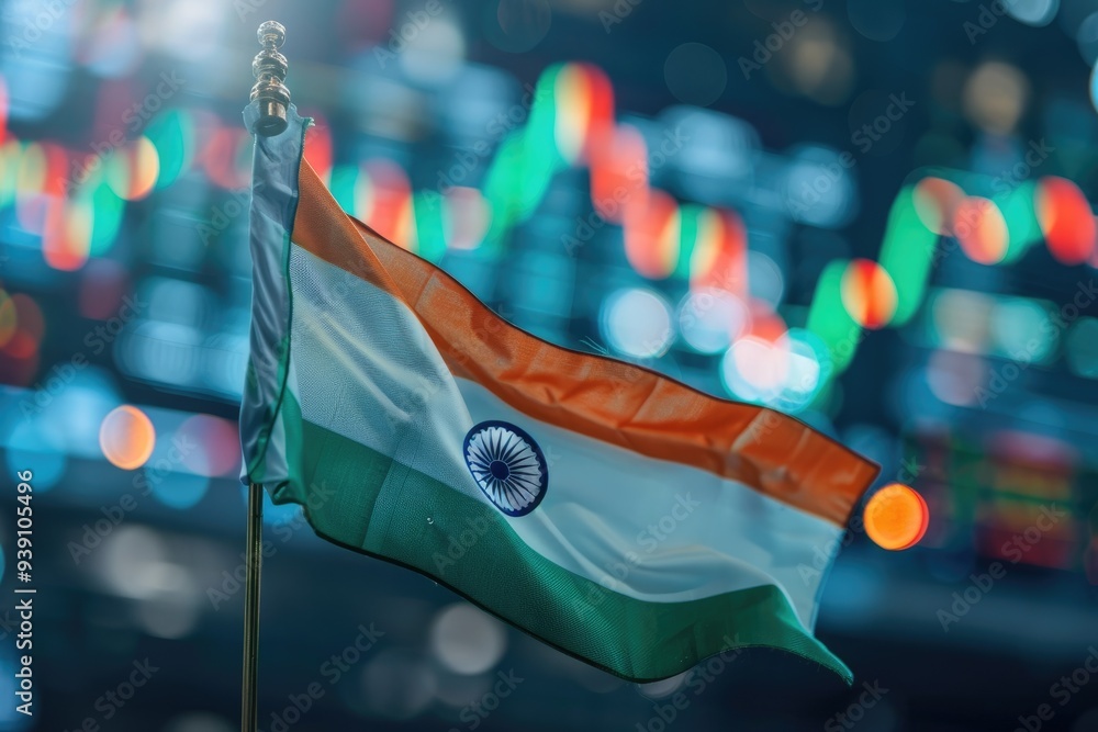 Poster indian flag waving with stock market data in the background