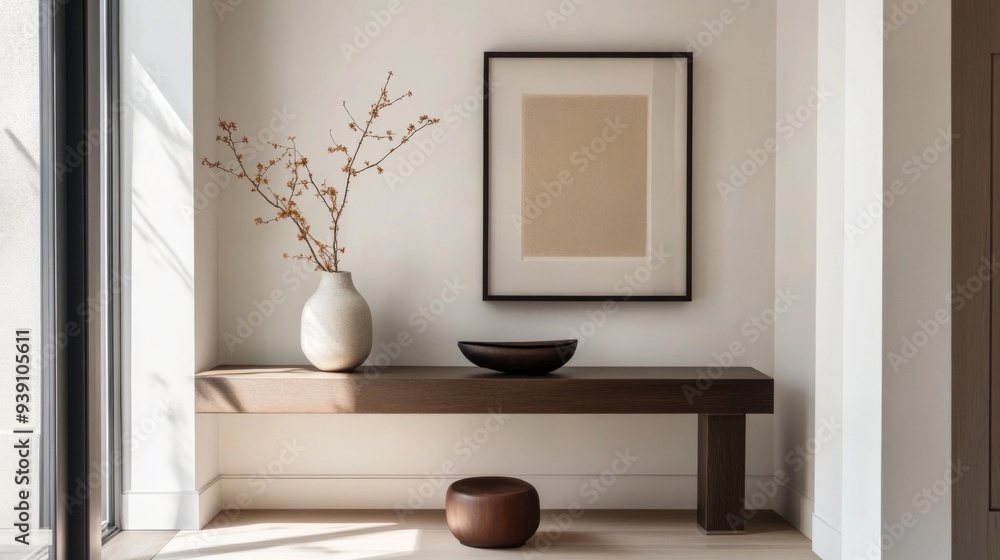 Poster detailed shot of a minimalist entryway with a sleek console table, simple art, and clean lines