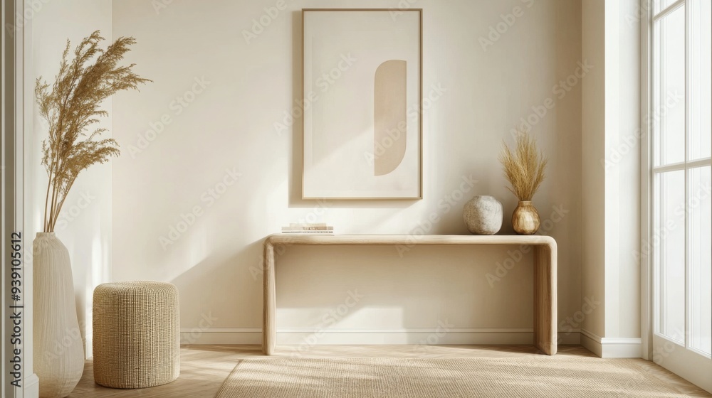 Poster detailed shot of a minimalist entryway with a sleek console table, simple art, and clean lines