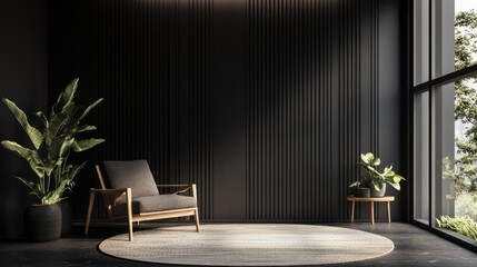 Modern minimalist living room with black wall and green plants