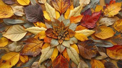 Fototapeta premium Colorful Autumn Leaves Arranged in a Symmetrical Pattern Creating a Vibrant Seasonal Background