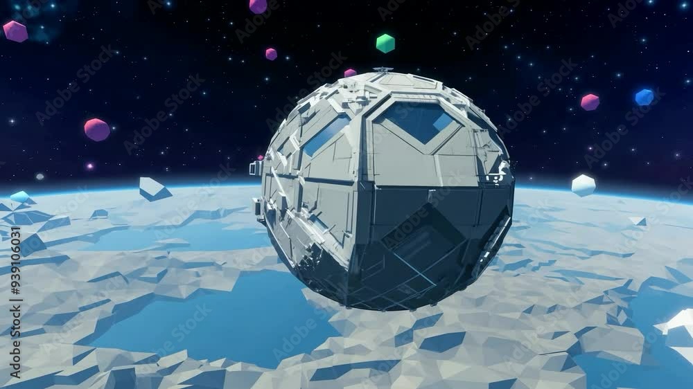 Poster exploring a stylized futuristic planet from a bird's-eye view with intricate terrain and floating ge