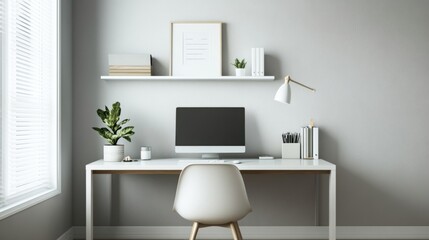 Detailed shot of a minimalist home office with a tidy desk, minimalistic decor, and a modern chair