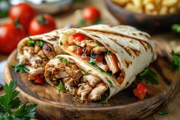 Tortillas filled with spicy chicken meat and vegetables lying on wooden board