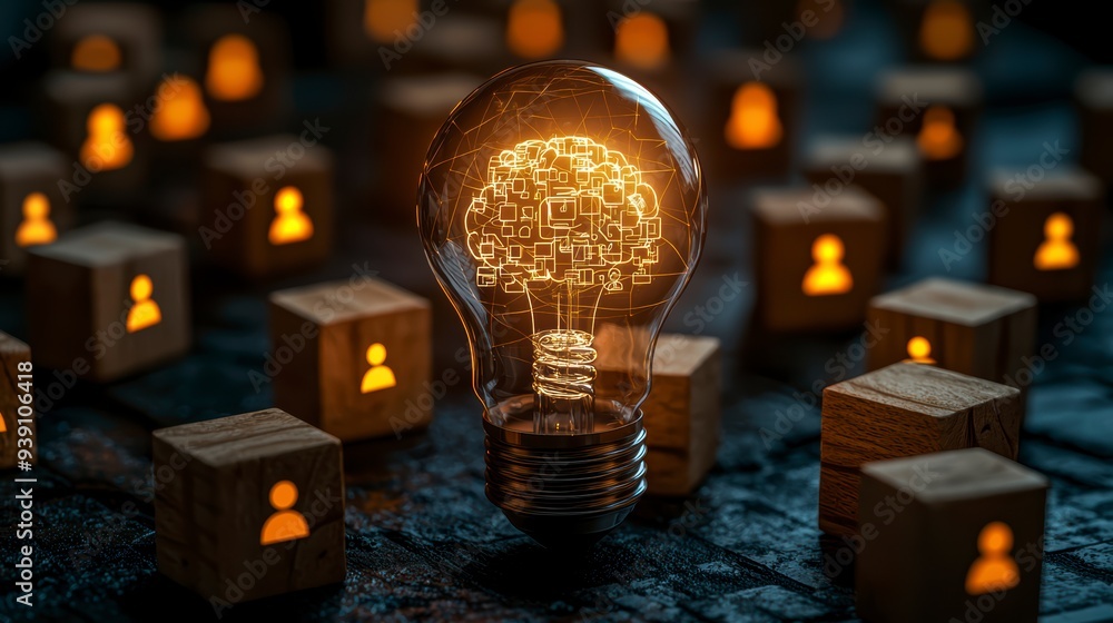 Poster the introduction of ai with the digital brain in a light bulb for ai against a person and innovation