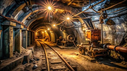 Obraz premium Dimly lit underground mine tunnel with rusty pipes and old machinery scattered along the walls, illuminated by faint overhead lighting and headlamps.