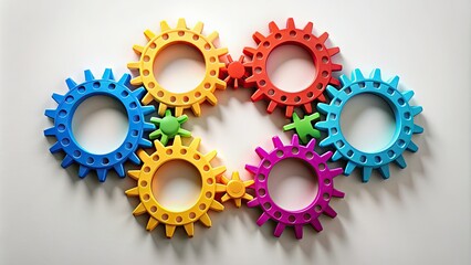 Diverse connecting gears forming a circle, symbolizing collaborative teamwork, unity, and harmony, with bright colors and modern minimalist design elements.