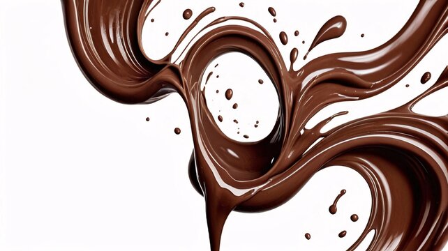 Chocolate splash with drops on white background.
