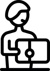 Line art icon of a soldier using a tablet with a map for navigation