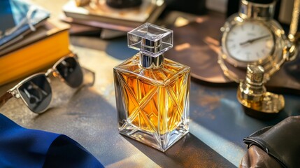 Detailed shot of a perfume bottle with a modern design, surrounded by accessories and a sophisticated setting
