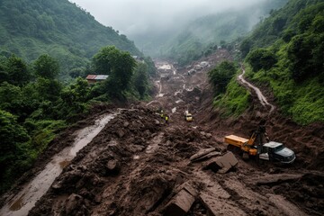 Workers and heavy machinery work through massive landslide in a foggy mountainous region, trying to clear the debris and restore the terrain amid challenging weather conditions.