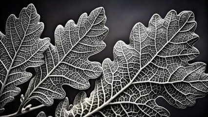 Dramatic close-up of intricate, lace-like oak leaves against a stark black and white background, highlighting delicate veins and textured ridges in high contrast.