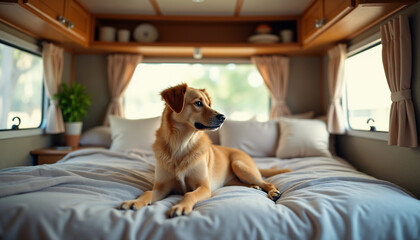 A dog sitting on a bed at the back of an RV.
