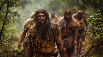 Group of early human migrating through dense, rainy forest.