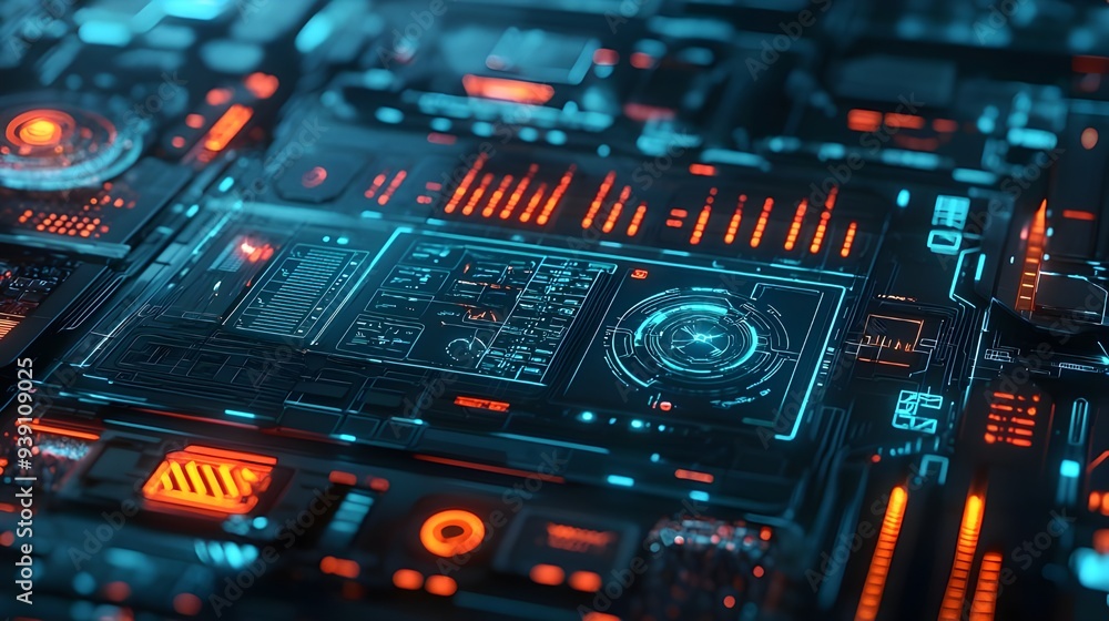 Poster a futuristic background showcasing a technology interface with digital panels and holographic elemen