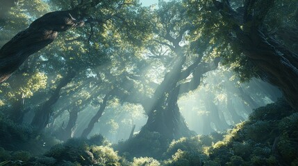 Fototapeta premium Sunbeams Illuminating a Dense Forest Canopy