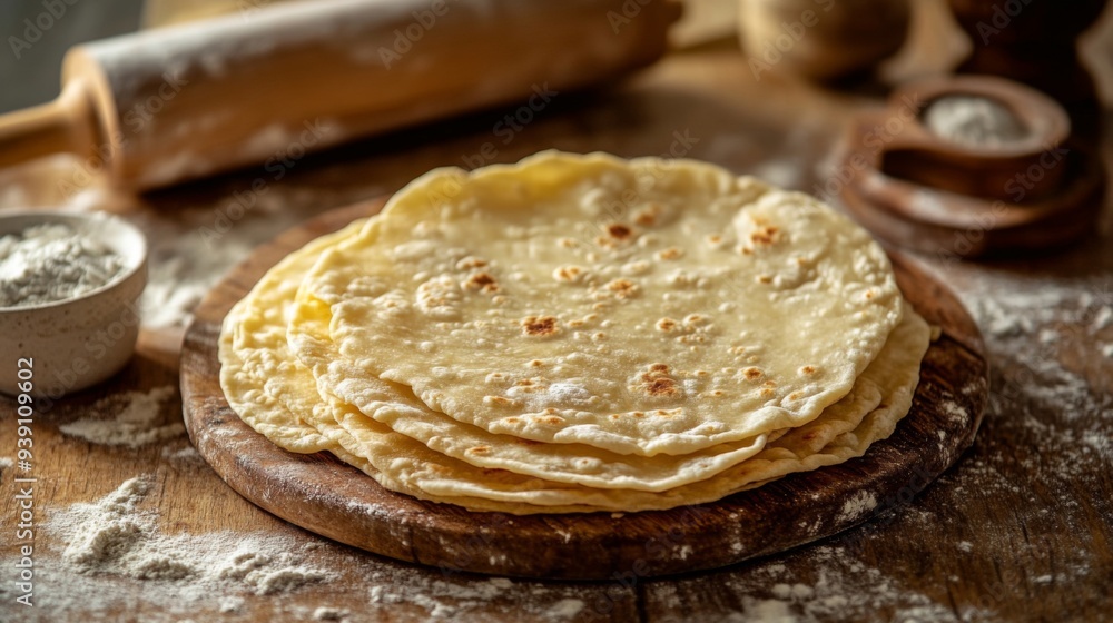 Poster Detailed shot of a single roti with its soft, layered texture visible, set against a wooden kitchen table with rolling pin and flour
