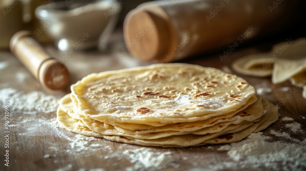Poster Detailed shot of a single roti with its soft, layered texture visible, set against a wooden kitchen table with rolling pin and flour