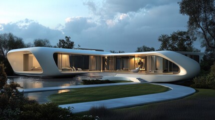 Futuristic home with smart-controlled exterior features and integrated energy systems
