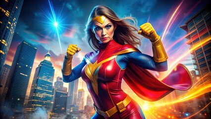 Dynamic superheroine in colorful costume poses confidently, fists glowing with energy, ready to take on villains and protect the city from destruction and chaos.