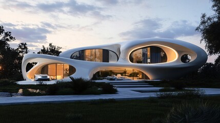Futuristic home with smart-controlled exterior features and integrated energy systems