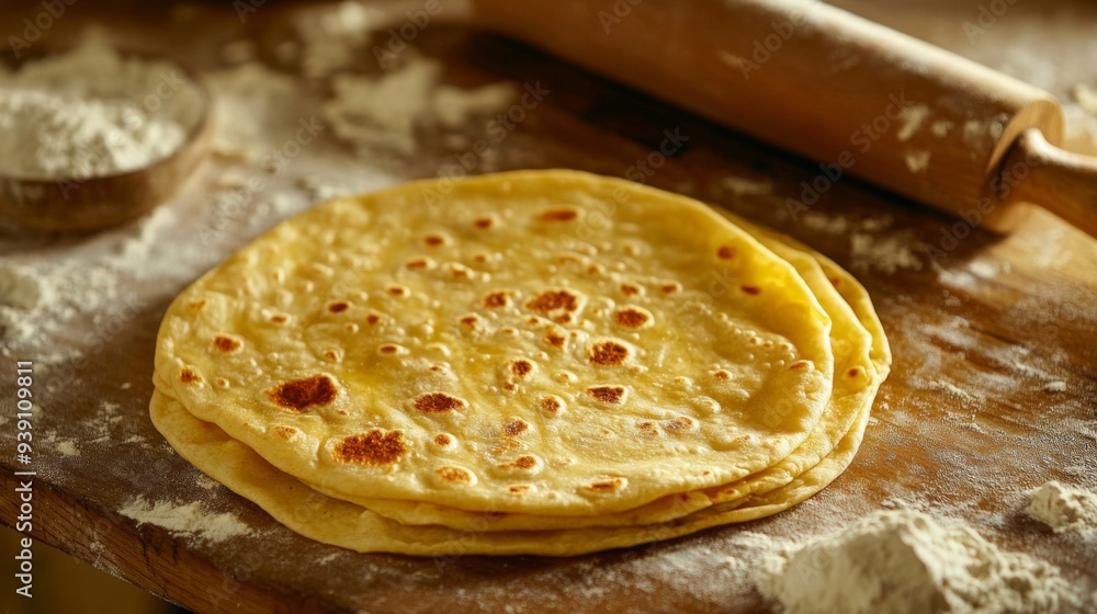 Poster Detailed shot of a single roti with its soft, layered texture visible, set against a wooden kitchen table with rolling pin and flour