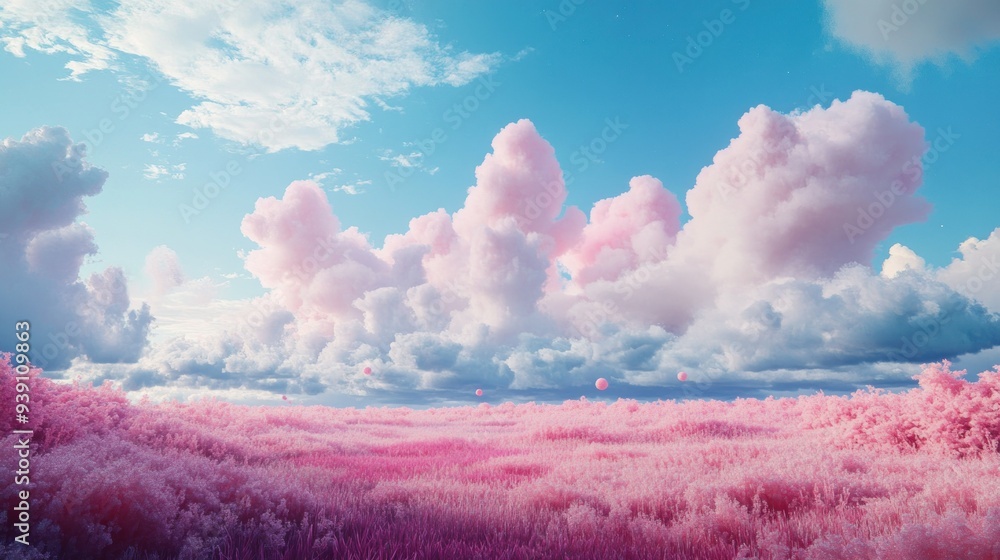 Poster Pink Clouds Above a Field of Pink Grass and Floating Pink Spheres