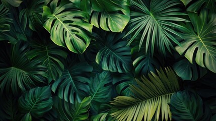 Fototapeta premium Tropical-themed wallpaper with lush, green palm leaves on a dark background, bringing a touch of the jungle indoors.