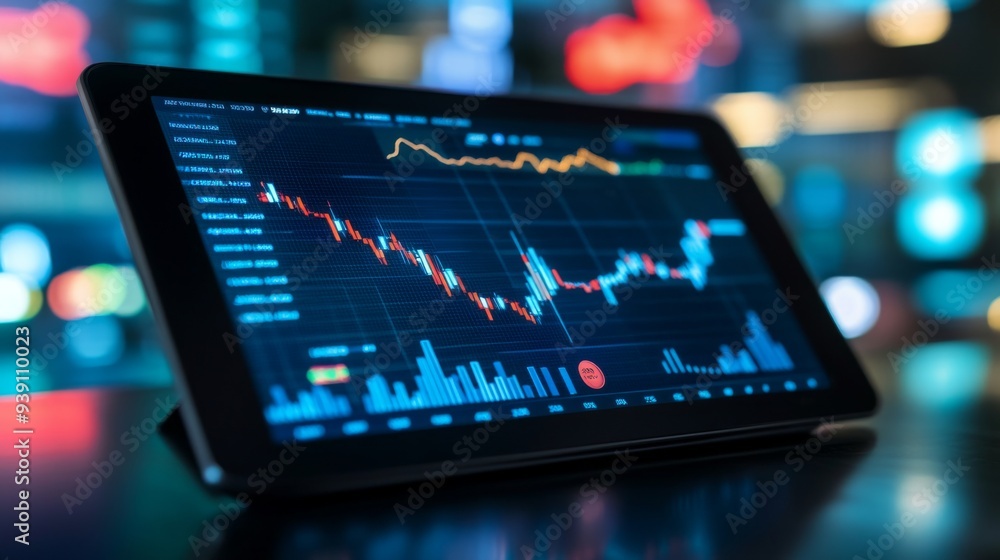 Fototapete detailed shot of a stock chart with market trends and performance metrics displayed on a tablet or l