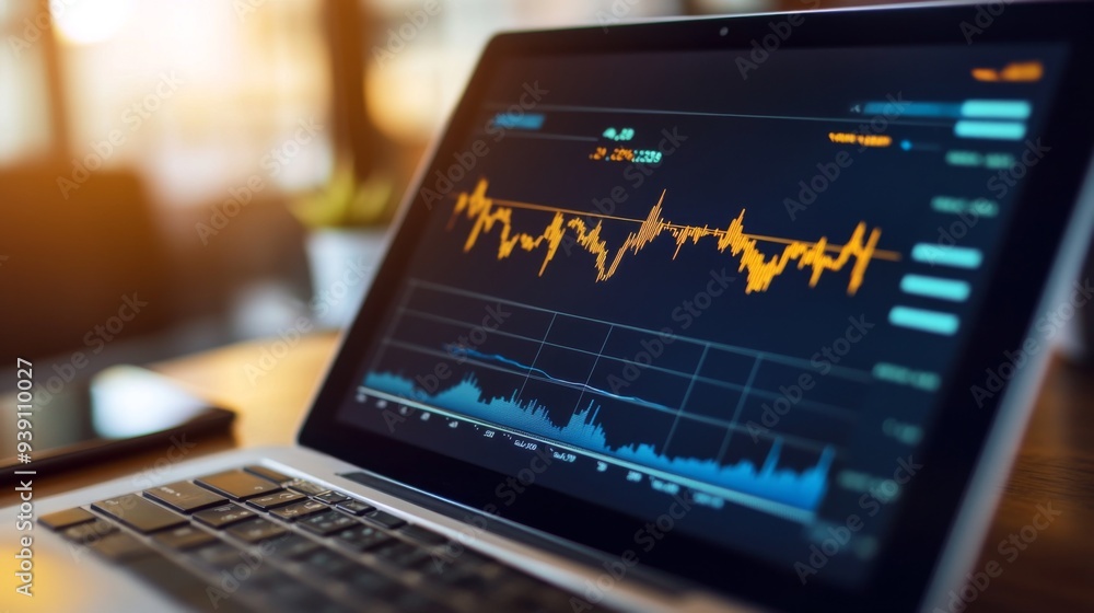 Poster detailed shot of a stock chart with market trends and performance metrics displayed on a tablet or l