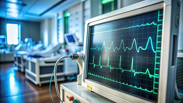 EKG monitor displays rapid heartbeat rhythm, illustrating ventricular tachycardia, a life-threatening heart condition requiring urgent medical attention, in a hospital intensive care unit setting.