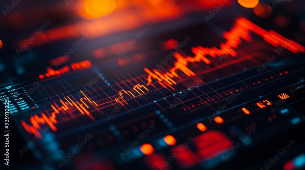 Poster detailed shot of a stock price graph with moving averages and volume indicators, on a financial webs