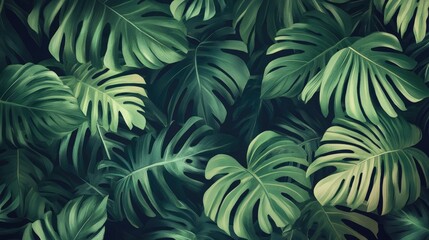 Tropical-themed wallpaper with lush, green palm leaves on a dark background, bringing a touch of the jungle indoors.