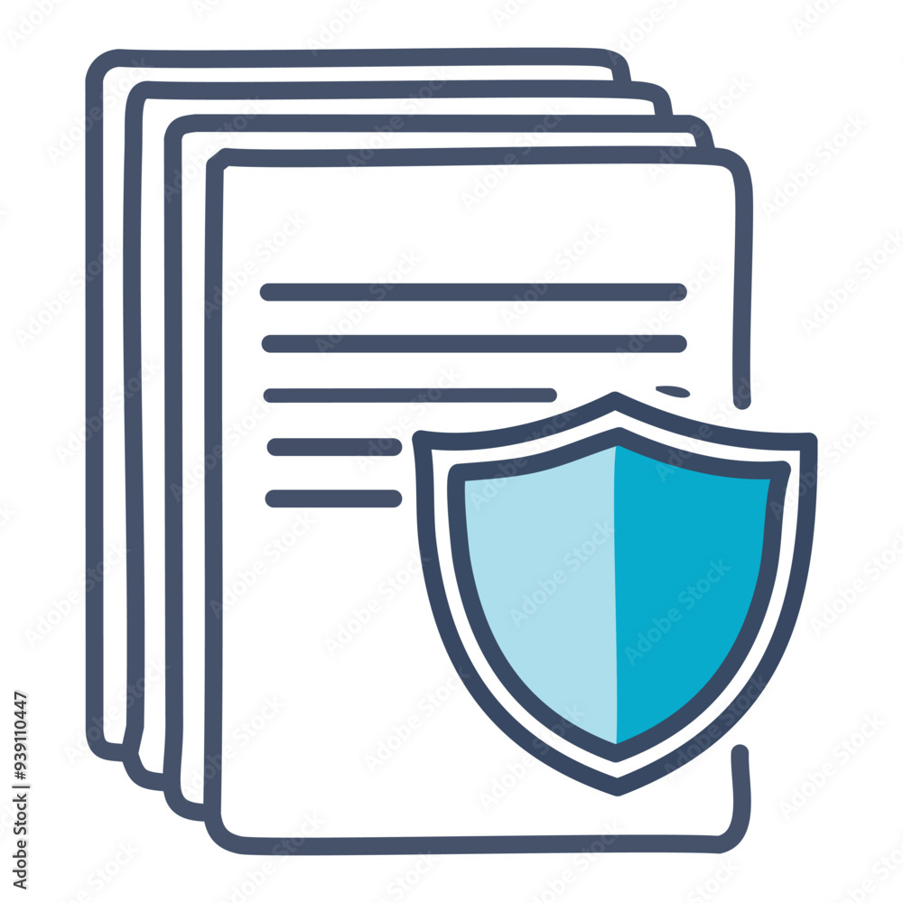 Poster secure files icon. illustration of data safety with papers guarded by shield, depicting information 