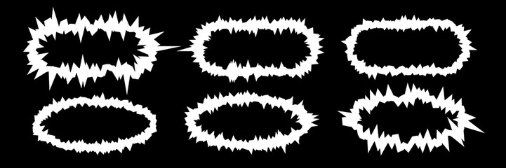 White grunge ellipses sketch with rough effect isolated on black background. Vector brush round shapes. Graffiti paint doodle frames, charcoal borders.