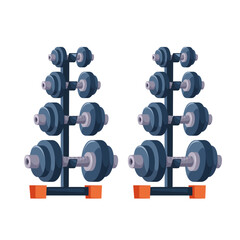 Dumbbells at rack. Gym equipment for workout. Training accessories for sport club or home exercises. Bodybuilding, weightlifting. Isolated flat vector illustration.