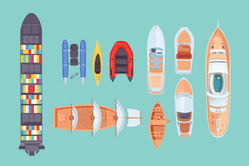 Top view sea boats and ships vector set. Aerial view of various ocean transport. Water vessels. Carriage and maritime transportation.