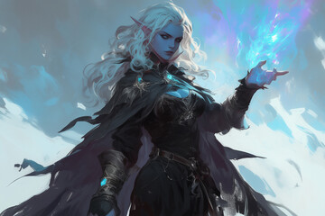 Obraz premium elf with glowing blue magic in her hand, dressed in dark robes, with flowing white hair, standing in a stormy landscape, ready for battle