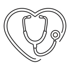 Heart health and stethoscope symbol. A line art illustration of a medical instrument forming a heart shape, representing wellness and healthcare.