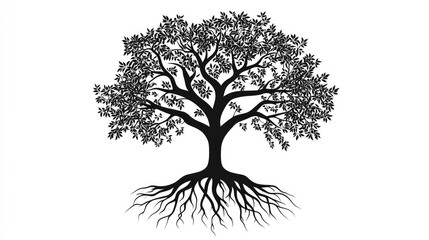 Vector illustration of a black tree silhouette with intricate roots, isolated on white, representing stability and growth, minimalist design